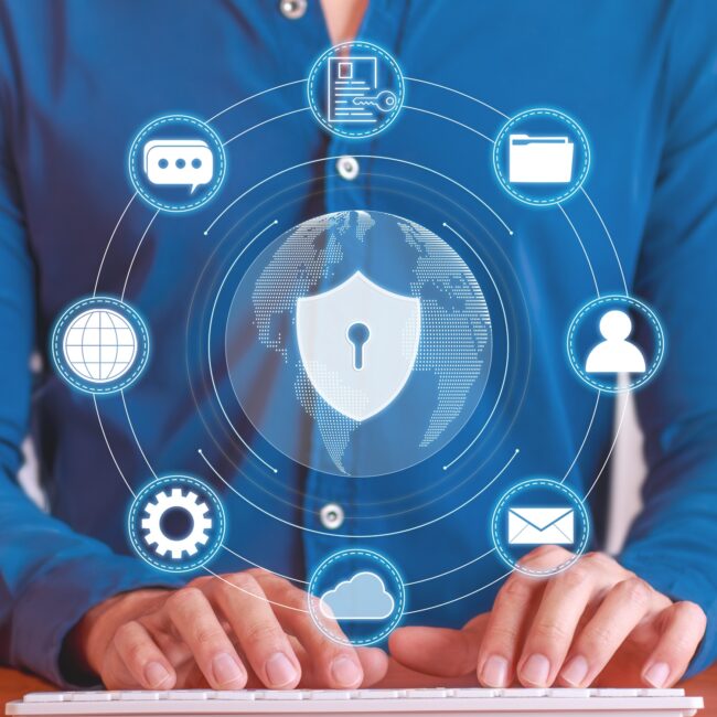 Vertical photo about the cybersecurity, protection of the user's private data, files and documents.